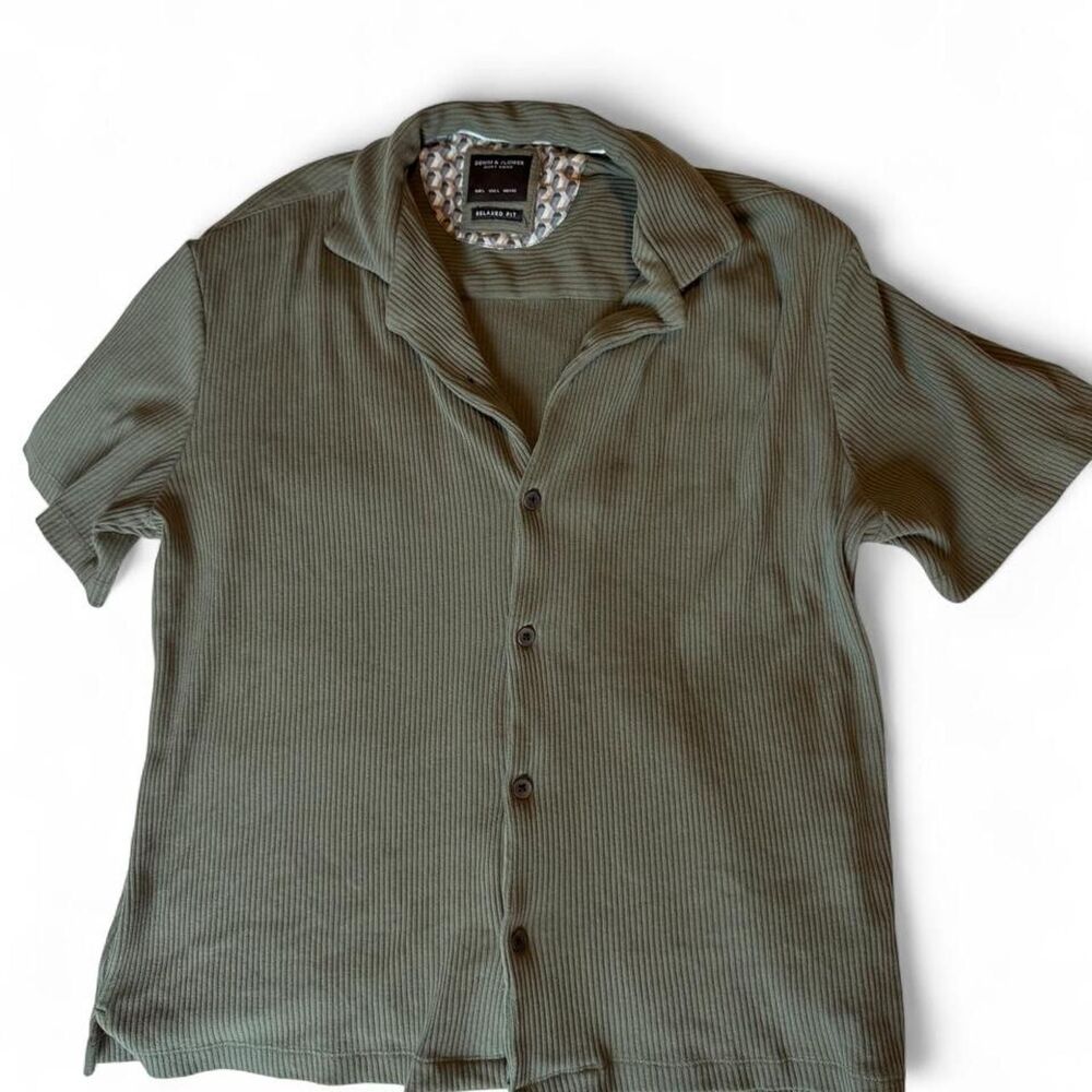 Denim & Flower Olive Green Button Up Ribbed Shirt